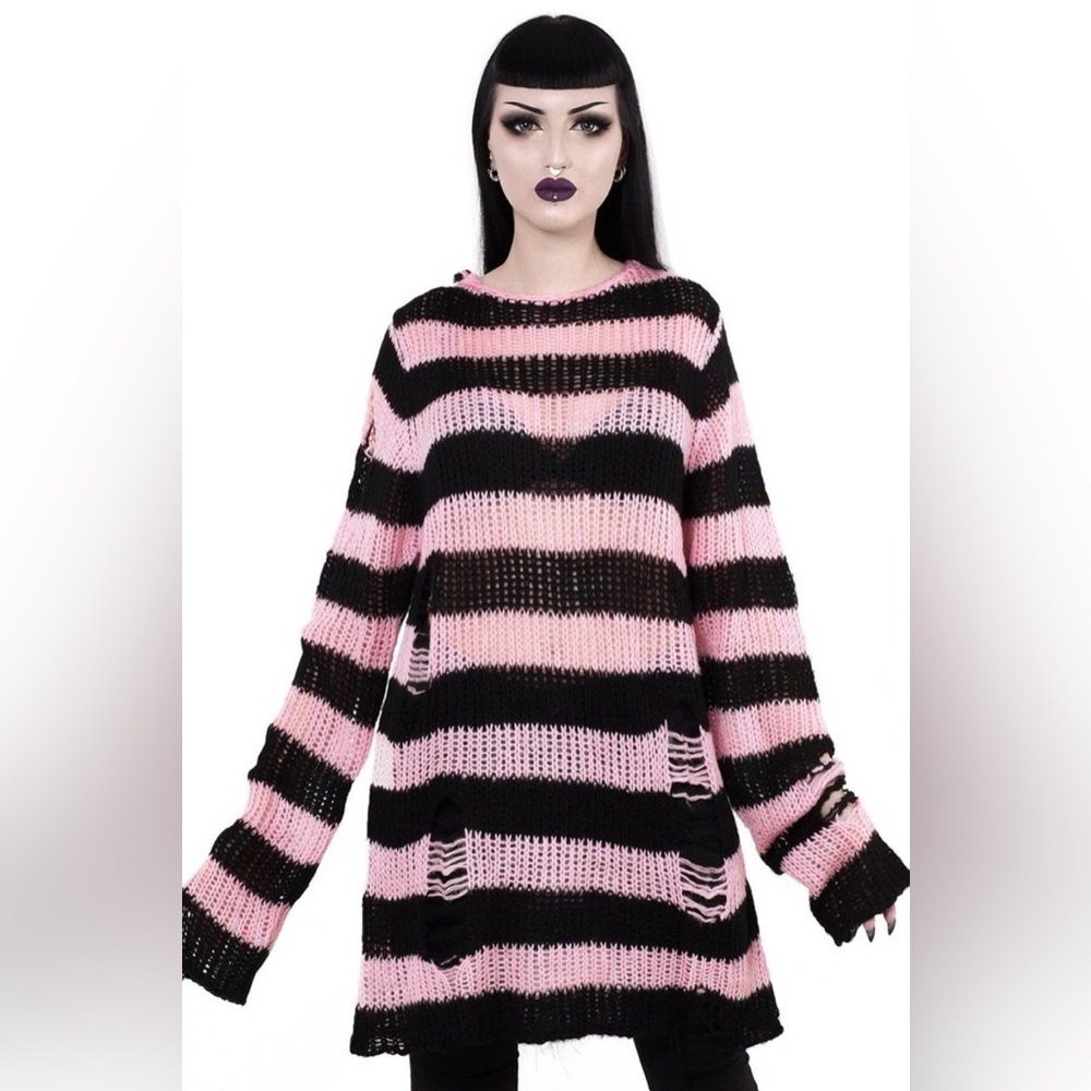 NWT Widow Rose Eternal Nightmare Distressed Sweater - Black / Pink - S/M